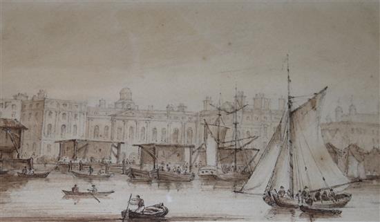 Samuel Owen (1768-1857) The Custom House from London Bridge 5.75 x 9.5in.